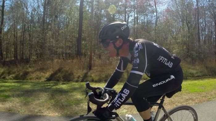 Shawn Hebb of Winter Park Cycles suffers hard to bridge across.