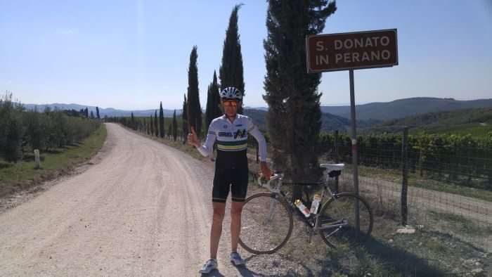 Pre-riding at 2016 L'Eroica sans regulation pedals.